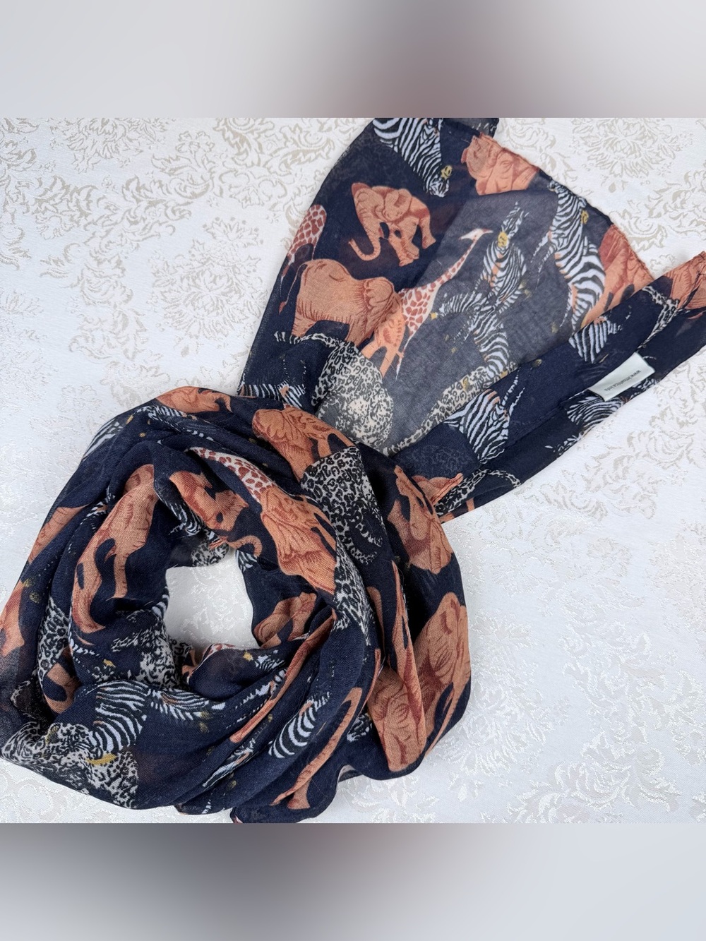 Into Africa Vintage Navy Animal Print Scarf - 1990’s, Zoo, Safari